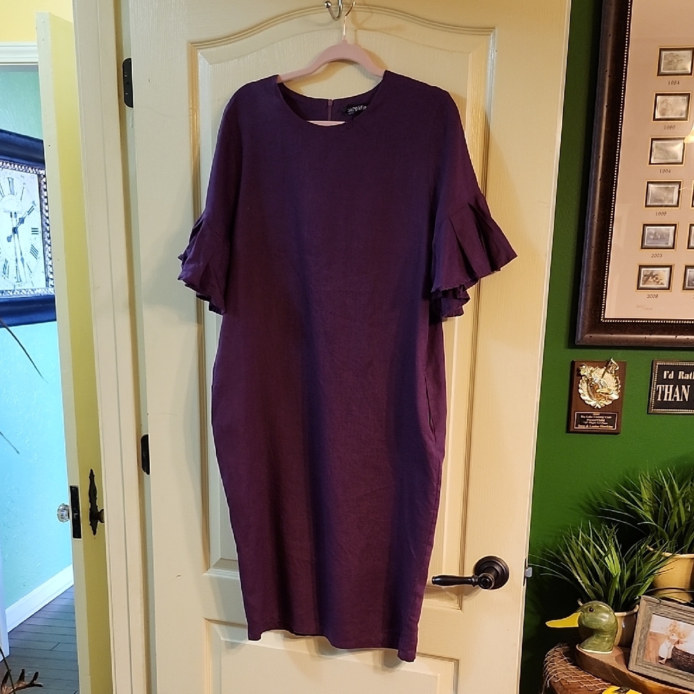 SIMPLIFIED PURPLE RUFFLE SLEEVE DRESS with SIDE POCKETS